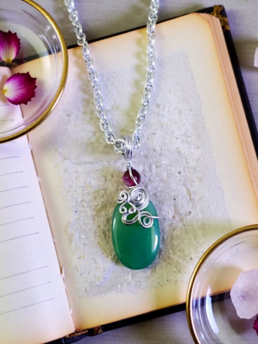 Handmade! Green + Raspberry Agate Pendant w. 18" Rope Chain - Vibrantly Unique! - Picture 2 of 11